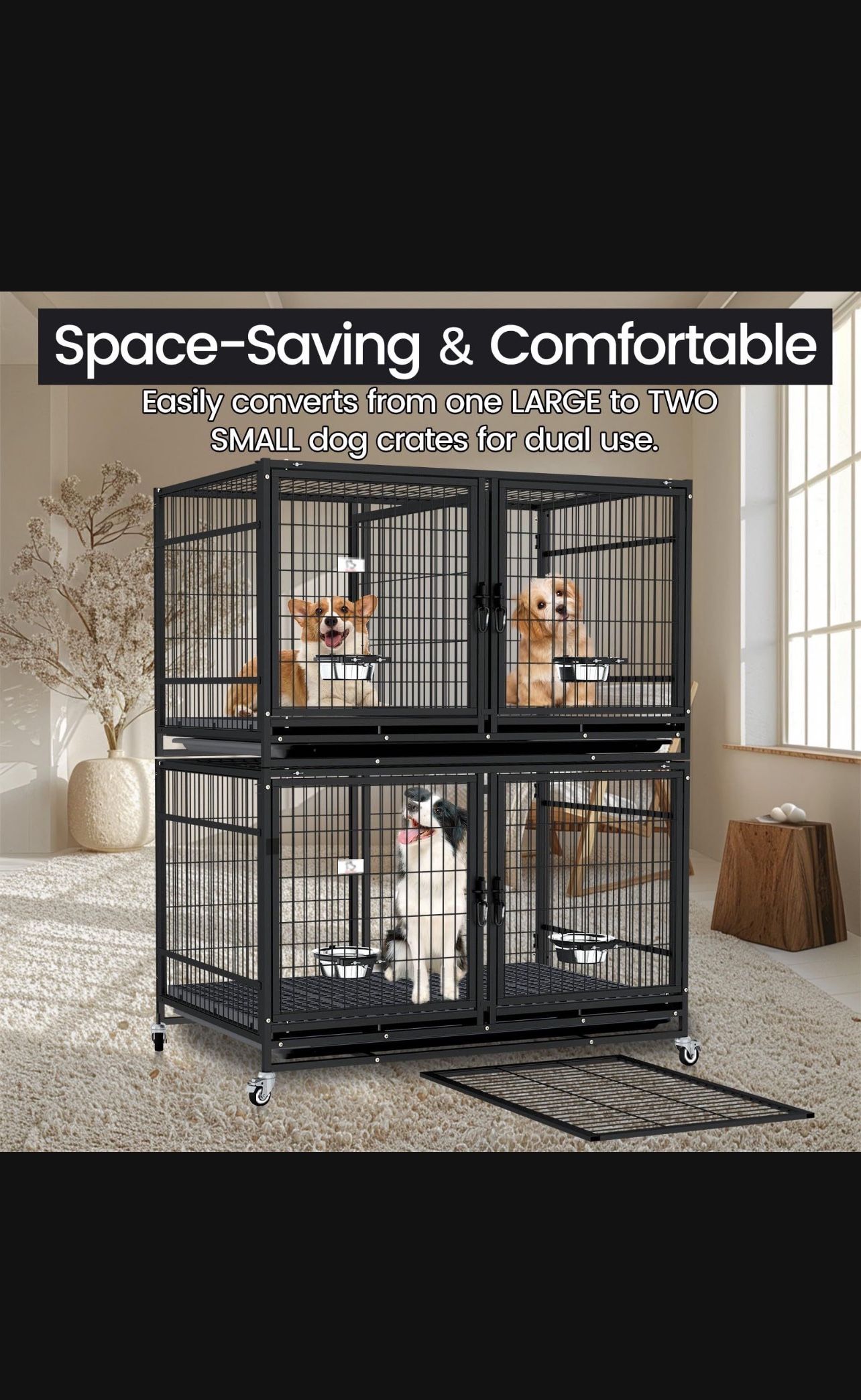 Double Stacked Dog Pet Cage Kennel Size 43” With Divider Feeding