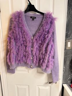Purple Faux Fur Trim Knit Cardigan XL
