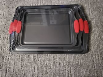 Nonstick Baking Sheet Set with Red Silicone Handles
