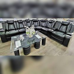 3 Pieces black breathing leather recliner sofa set