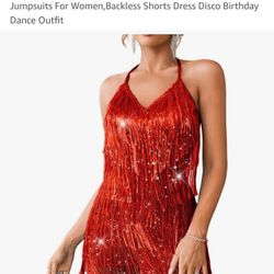 Kaei&Shi Sequin Fringe Romper,Sparkly Red Glitter Metallic Jumpsuits For Women,Backless Shorts Dress Disco Birthday Dance Outfit