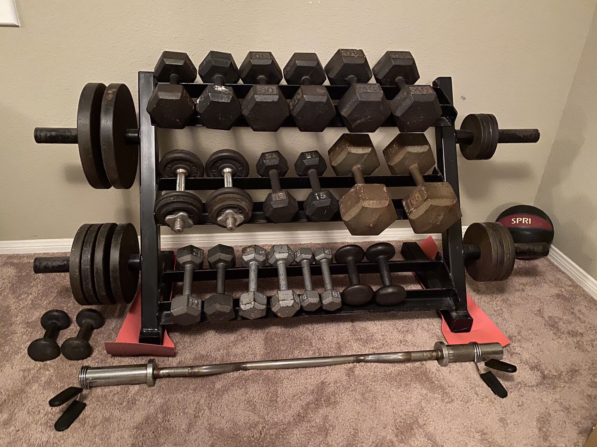 Weight rack, weights and bench