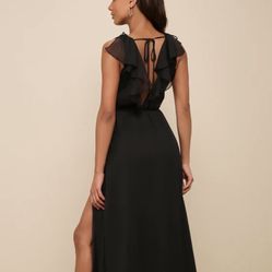 Lulus  Adorable Elegance Black Chiffon Ruffled Backless Wrap Maxi Dress