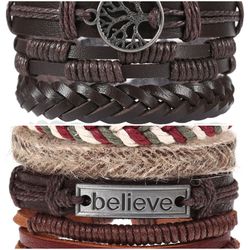 2 x Set Adjust. Size up to 9.5inc Leather Bracelet, Tree of Life (Brown-Believe_2)