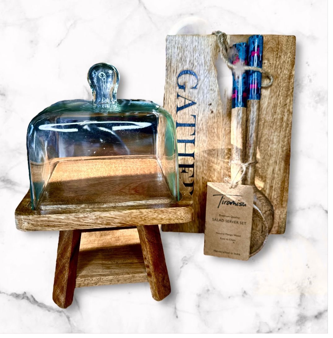 Mango wood trio lot cloche, cutting board & salad server set