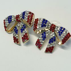 USA Patriotic Bow Earrings Red White Blue Rhinestone Crystal Statement Stud Earrings