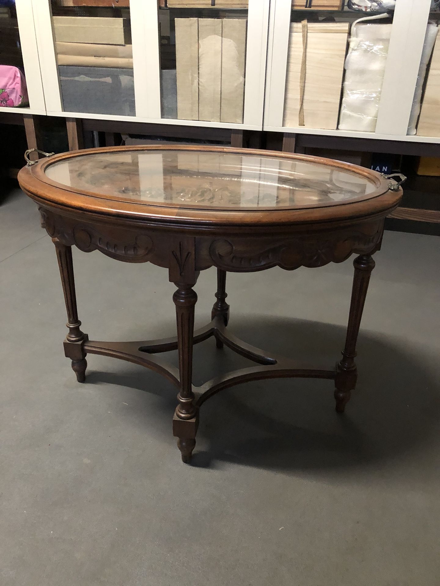 Antique tea table with removable glass top