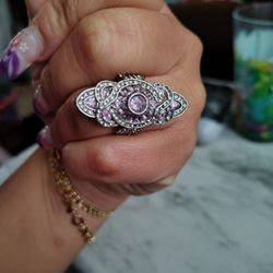 Vintage Ring Sterling Silver Estate Fine Jewelry Pre-Owned Size 7.5 Pink Crystal