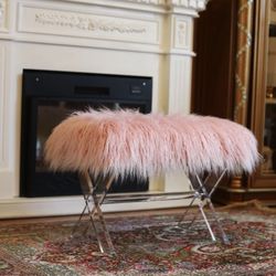 Fur bench/Ottoman with Acrylic Legs. 2 Colors to Choose: White or Pink