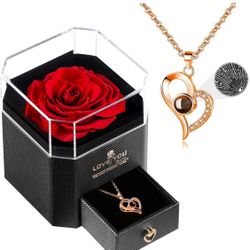Preserved Red Rose with I Love You Heart Necklace