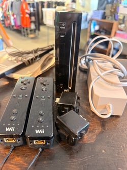 Black Nintendo Wii RVL-001 Game Console with 2 controllers, 1 game and 2 motion plus adapters