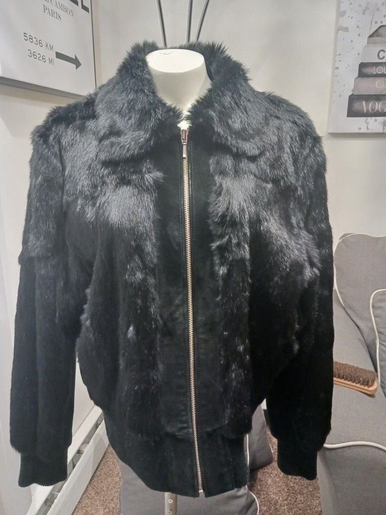 FASHIONABLE RABBIT FUR & SUEDE LEATHER TRIM JACKET