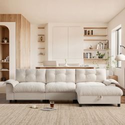New 104" L-Shaped Multifunctional Sectional Sofa with Storage Ottoman, Beige