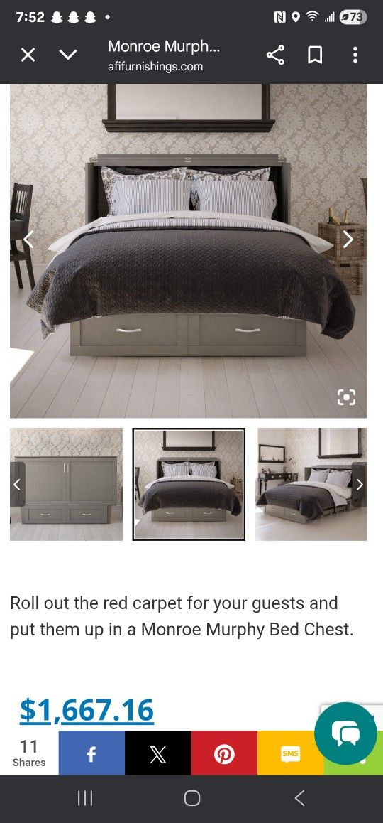 Monroe Murphy Bed Chest with Mattress, Storage, Drawer, and Built In Charger