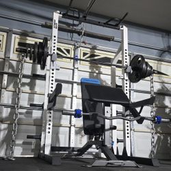 [FREE DELIVERY] + SQUAT RACK + ADJUSTABLE BENCH + OLYMPIC WEIGHT PLATES + OLYMPIC BARBELL + OLYMPIC EZ CURL BAR 