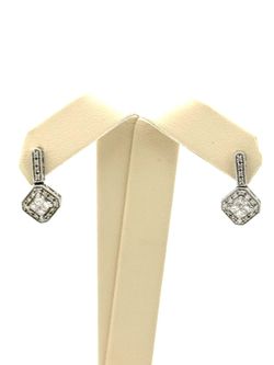 14K WHITE GOLD 2.49 GRAMS GENUINE DIAMOND SQUARE DROP EARRINGS USED