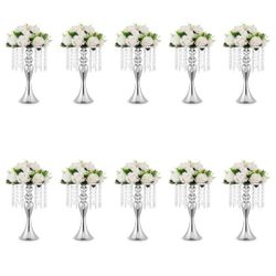 10 Pcs Silver Vases for Centerpieces, 13.8in Crystal Flower Arrangement Stand, Wedding Centerpieces for Tables, Tall Metal Flower Vase Holders for Wed