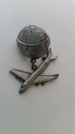 Rare Vintage Pewter Jet Airplane &Globe Lapel Pin Jet and Earth Design