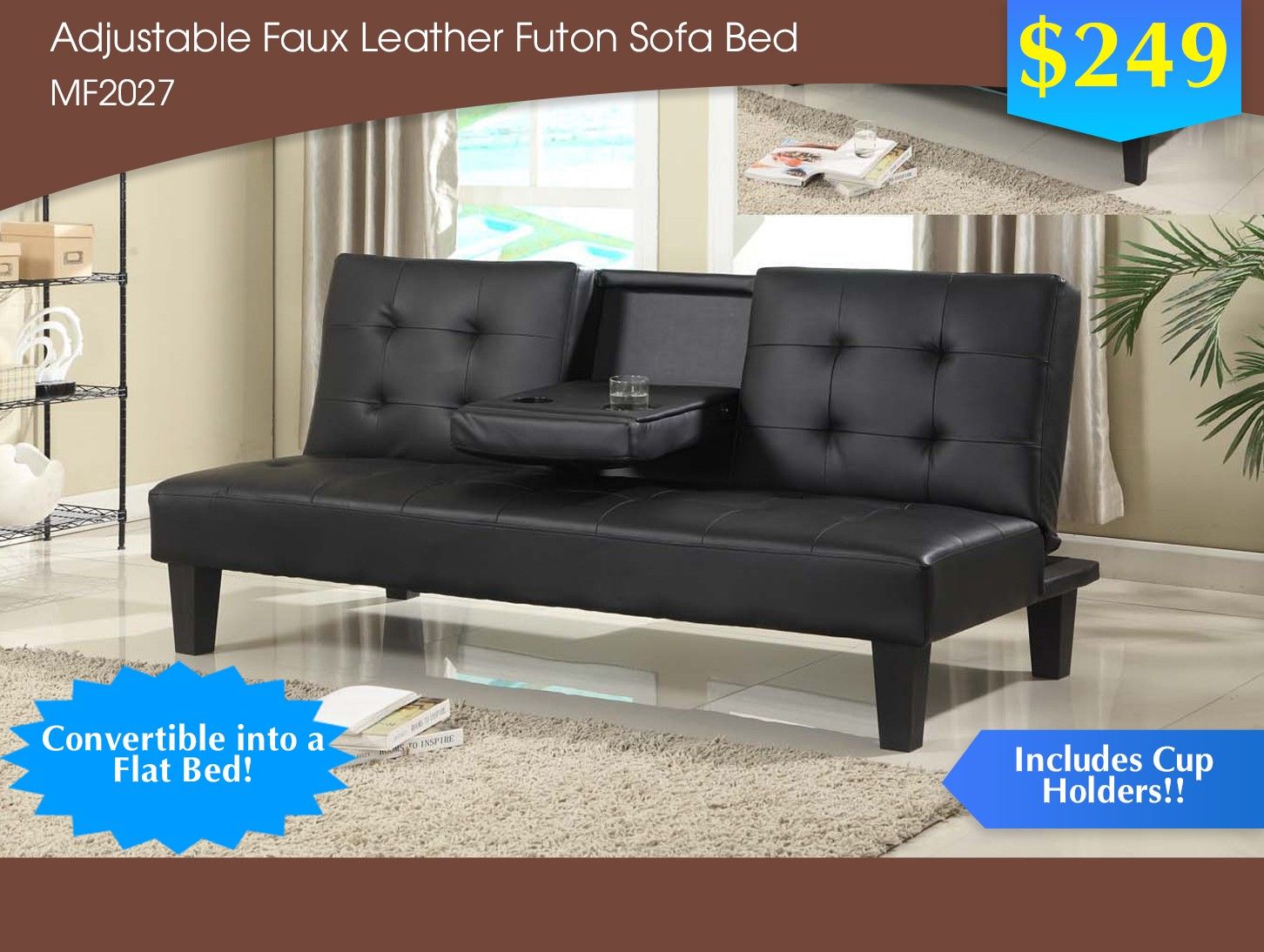 ADJUSTABLE FAUX LEATHER FUTON SOFA BED MF2027