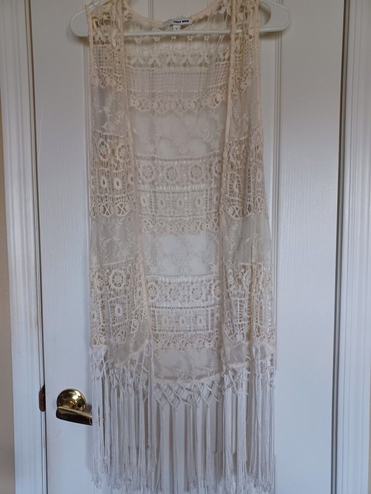 Beautiful Womens Long White Lace Vest With Fringed Bottom. S/M $30. Reduced $25.