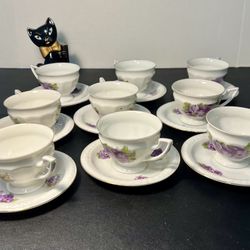 P.A.L.T Czechoslovakia Vintage 1930s Violets Gold Trim 9 Sets Cups Saucers