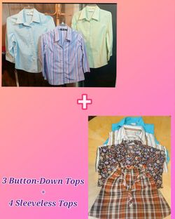 LOT OF 7: (3) BUTTON DOWN & (4) SLEEVELESS - WOMEN'S CASUAL TOPS M/L