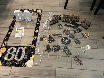 80th birthday -set-photo op banner/photo op props/crowns/bday sashes, light up 80 .