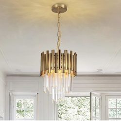 Gold Pendant Lighting 11'' Chandelier Light Modern Crystal Pendant Light Hanging Light Fixtures for Dining Room, Bedroom, Living Room, Kitchen Island