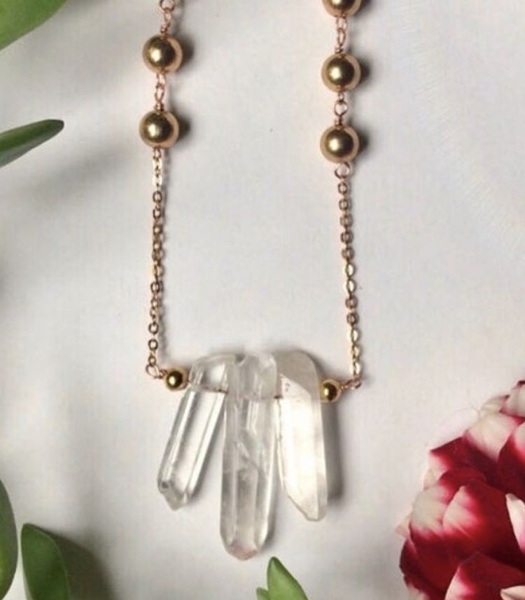 Handmade Clear Quarts, Rose Gold, Brass Necklace