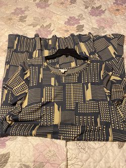 Lula roe (M) navy blue and mustard-yellow geometric patterned dress