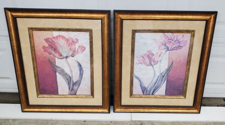 Lot 20 - 2 Glass Framed Prints in Red Floral with Gold and Copper Highlights!