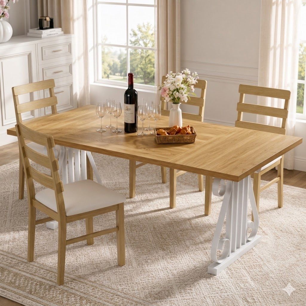 5 Pieces- Wood Dining Table With 4 Solid Wood Chairs