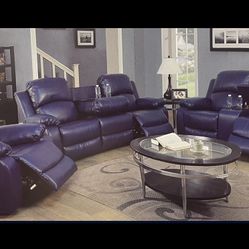 Blue Leather Fully Reclining Three Piece Couch Set 