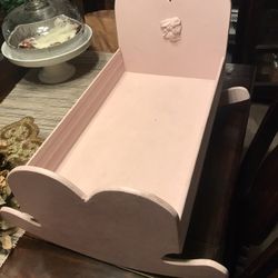 Wooden Doll Rocking Cradle Bed Pink With Bunny