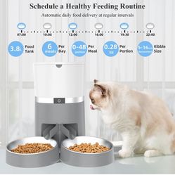 ALUKE Cat Feeder, Automatic Cat Feeder for Double Pets, Pet Feeder Dog Food Dispenser with Splitter & Double Bowls, 6 Meal Portion Control, Programmab