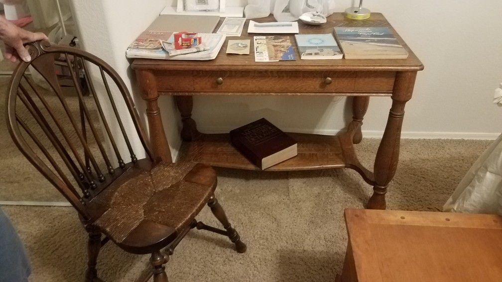 Antique Desk And Wicker Chair