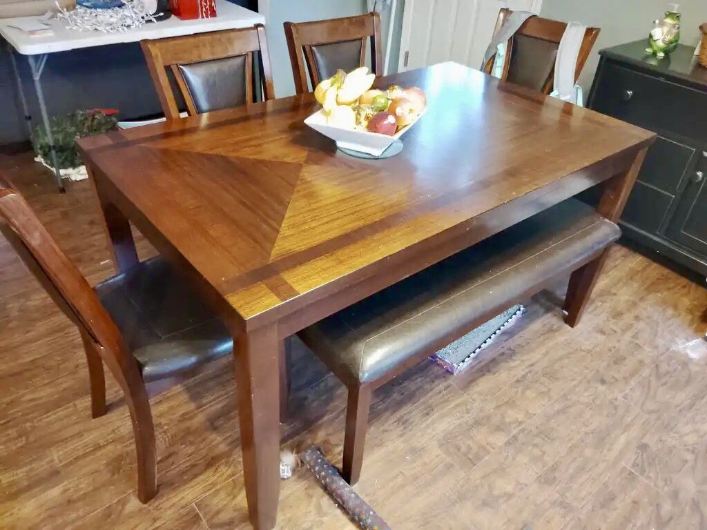 Wood Dining Table With Four Chairs And A Bench - Will Deliver