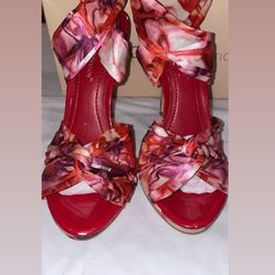 BCBGeneration floral satin wrap-around ankle straps high-heel sandals
