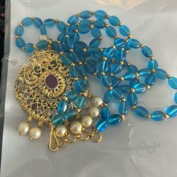 Blue Beads Long Necklace With Stone And Pearl Pendent