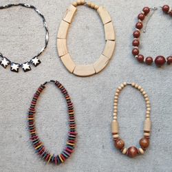 Lot of 5 Vintage Short Wooden & African Bone Bead Necklaces Chokers Boho Statement