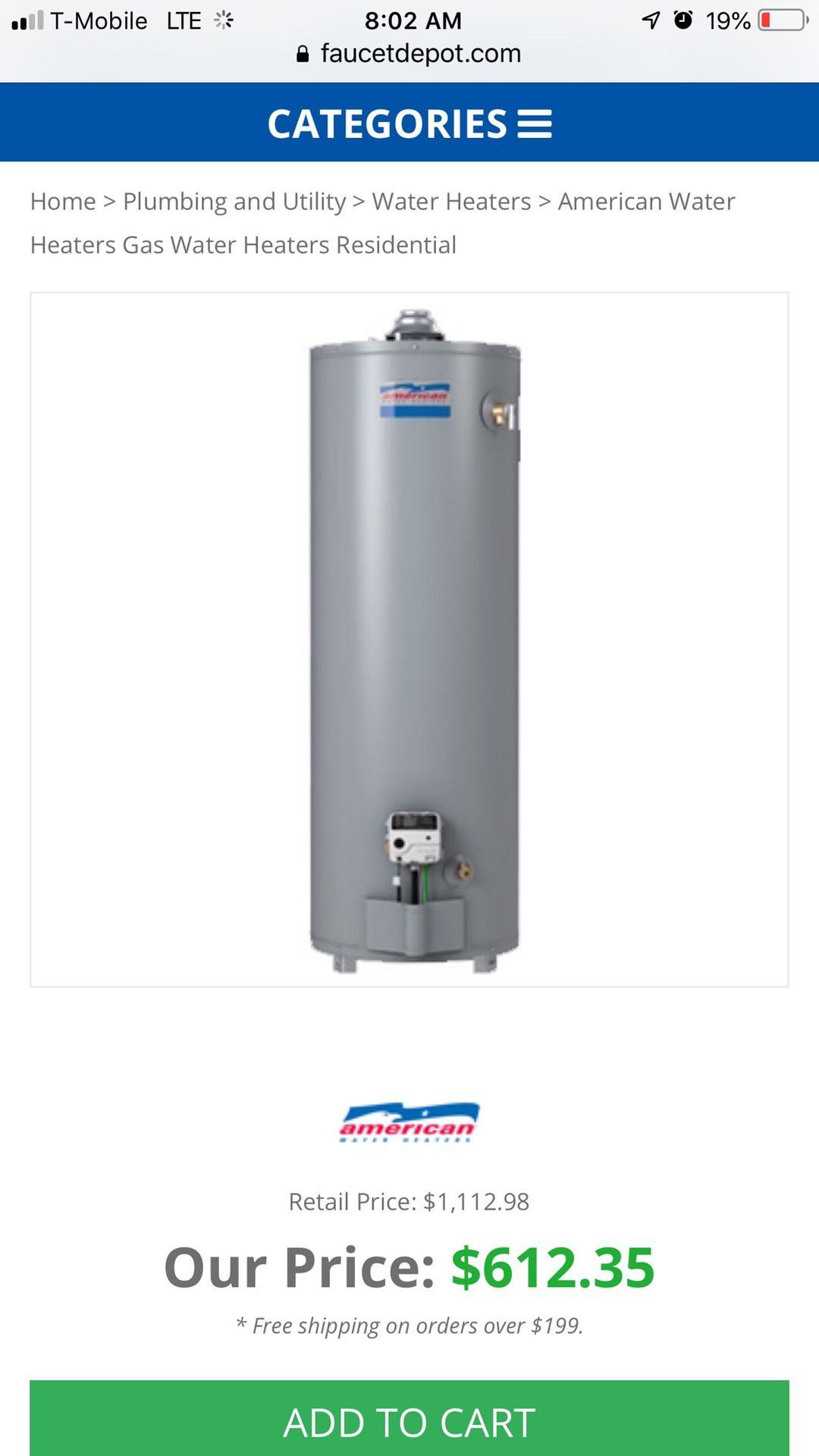 Brand New American Water Heater ProLine 50 Gallons low NOx Natural Gas NG