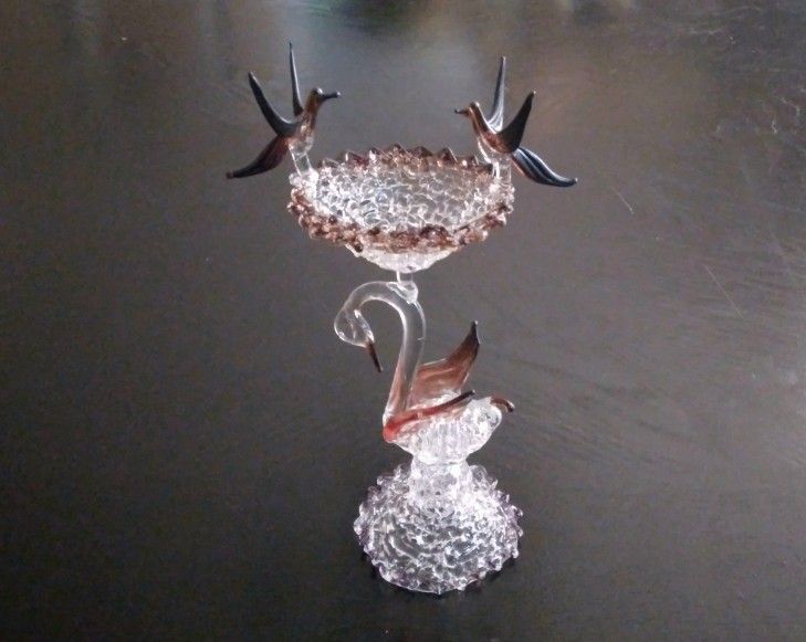 Vintage Handblown Glass Art Swan/Birdbath Figurine 