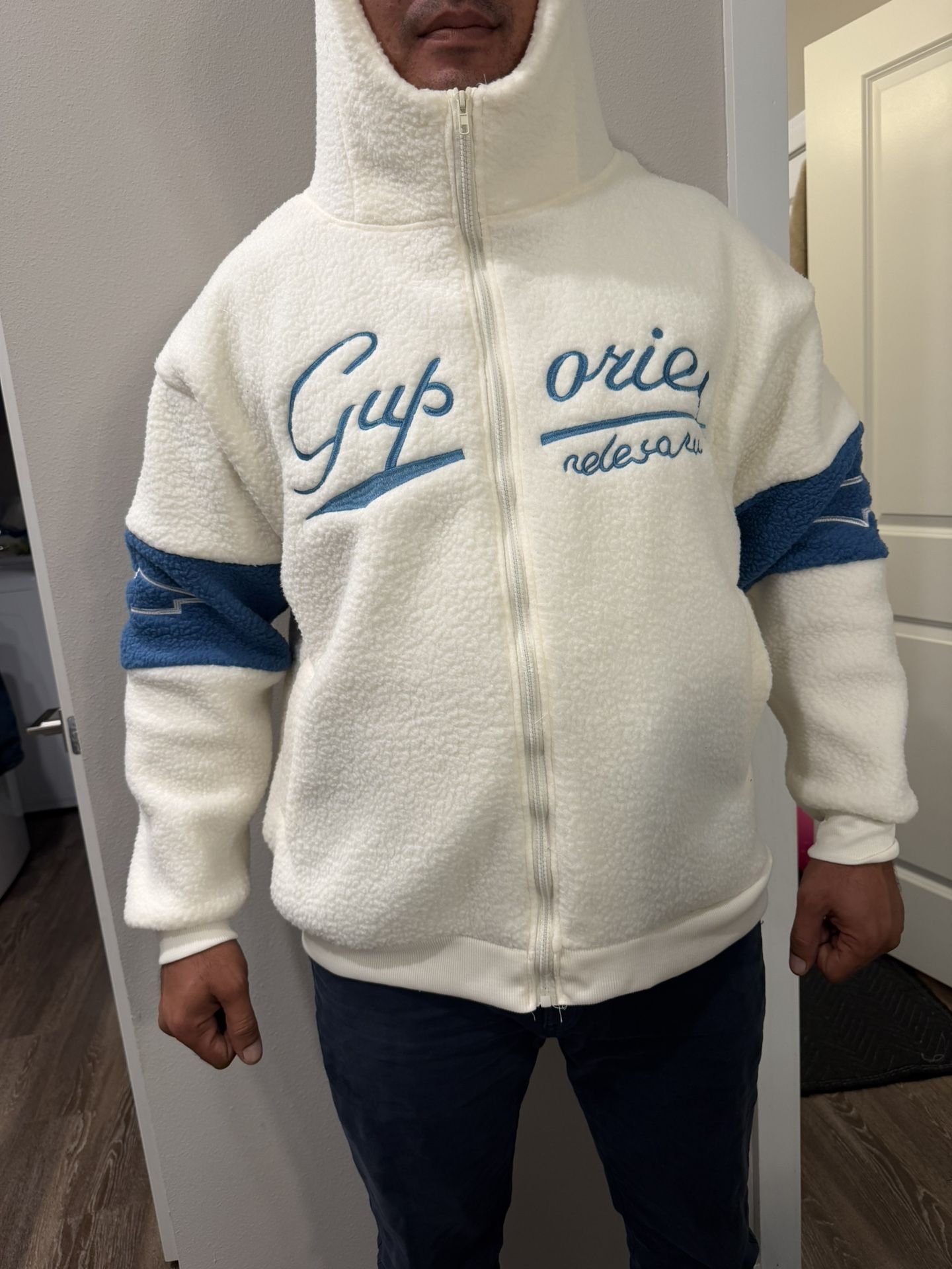 Women Oversized Sherpa Zip Jacket - White Blue - New