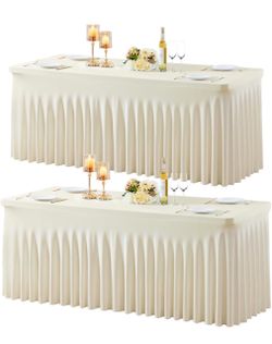 2 Pack Beige Table Cloth for 6 Foot Rectangle Tables Spandex Fitted Tablecloth 6ft Stretch Table Covers Skirt Beige Banquet Tablecloths Wrinkle Free T
