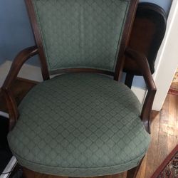 Antique Wooden Carved Chair With Green  Fabric 