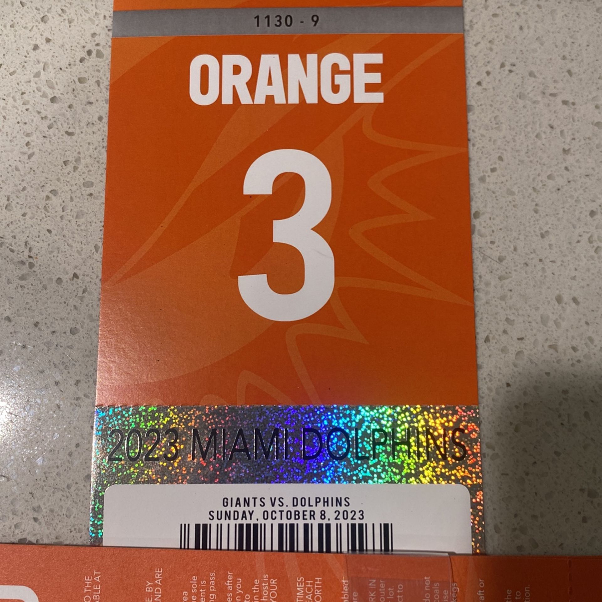 Miami Dolphins New York Giants Orange Parking Pass 10/8/23 Hard Rock Stadium Game 3
