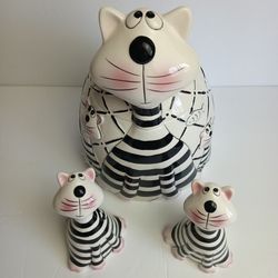 Whimsical Cat 3-Pc. Cookie Jar, Salt & Pepper Shaker Set White Black Pink