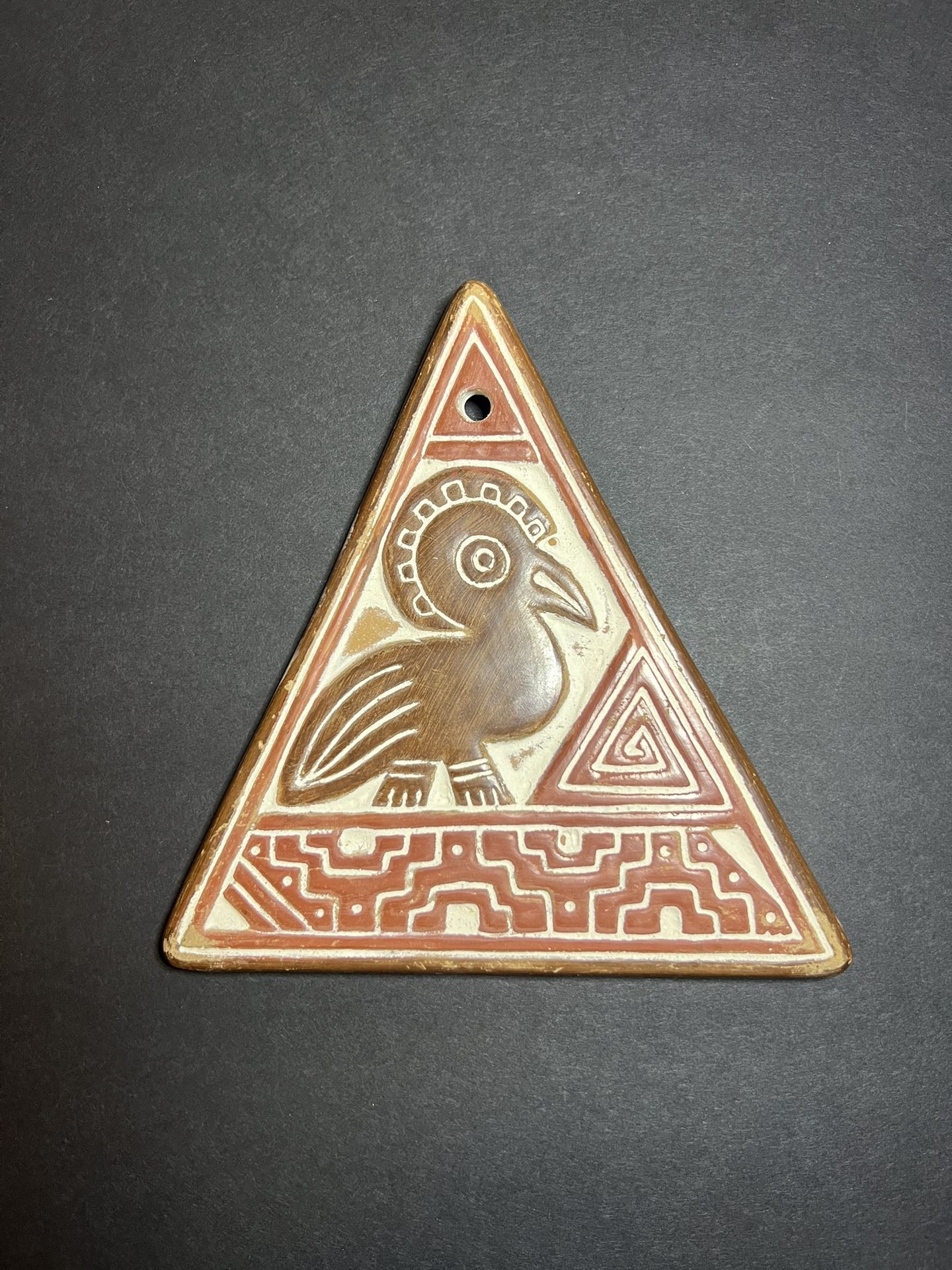 VTG Pre-Columbian Pottery Art Bird & Geometric Pattern Triangle Shaped Wall Tile