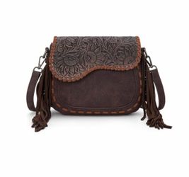NEW Western Fringe Crossbody Purse | Tooled Floral Flap | Brown Boho Cowgirl Bag