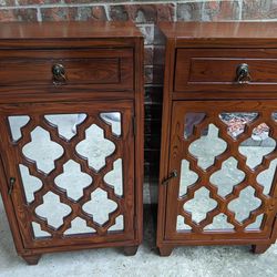 Pair Of Side Table Nightstand Cabinets. Mirror Arabesque Accents 